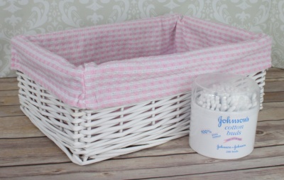 WHITE Wicker Storage Basket PINK GINGHAM Lining - 35x24x12cm high